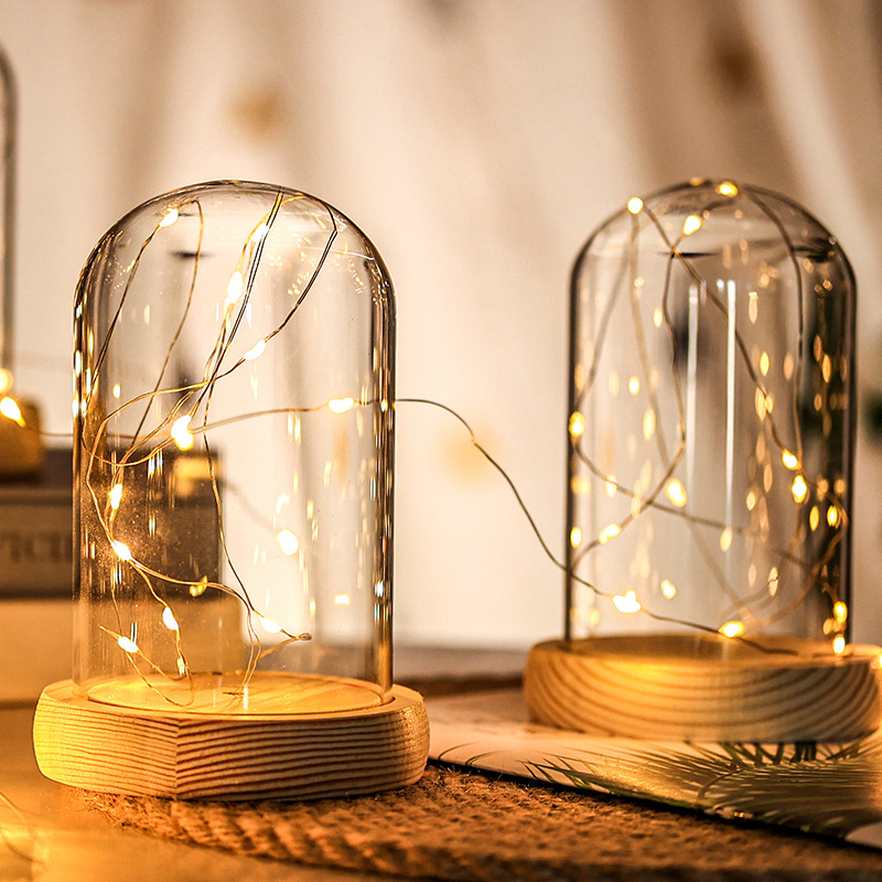 ガラスドーム木製ベース LED ライト付き風景花瓶ドライフラ - Florist Supply Vases のレビューと価格