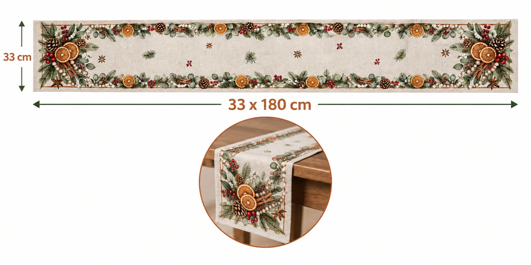 クリスマス柄のドライオレンジテーブルランナー、松ぼっくりとユ - Eucalyptus Preserved のレビューと価格